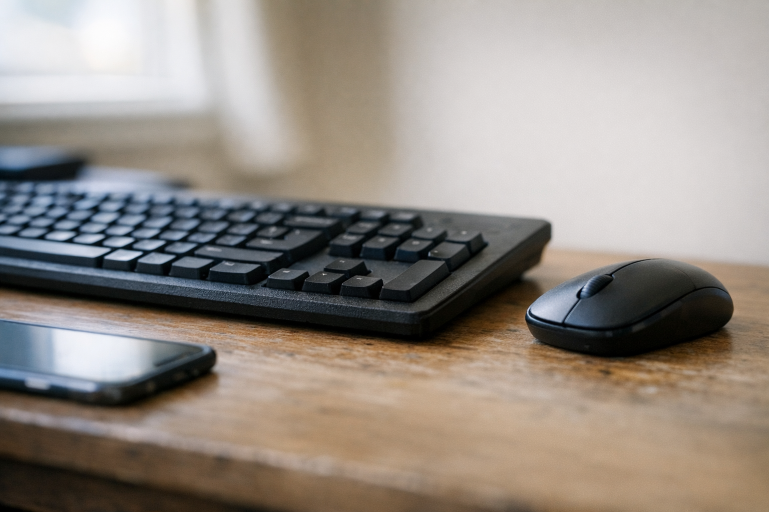 A close-up of a computer keyboard and mouse on a desk next to a smartphone.